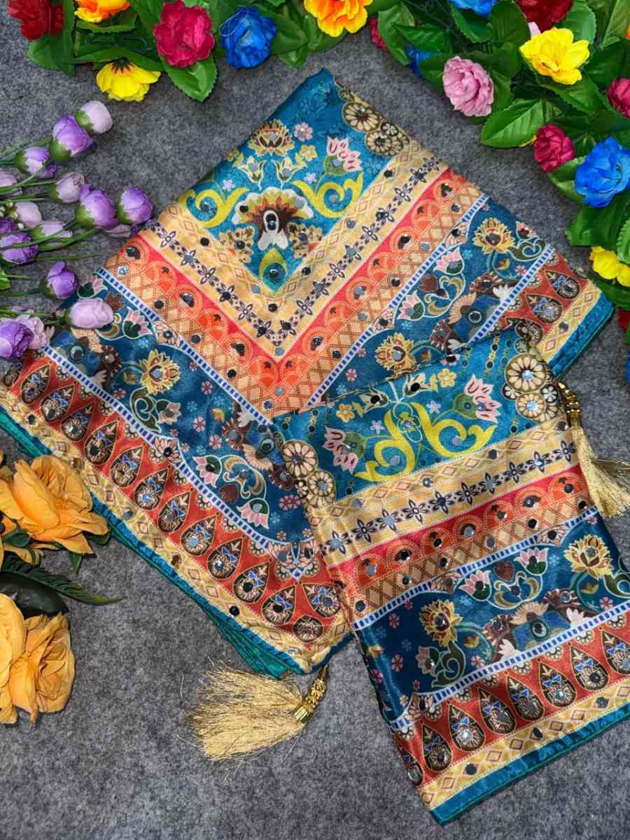CHINON DIGITAL PRINT WITH MIRROR HANDWORK SAREE WITH UNSTITCHED BLOUSE PARTY WEAR WHOLESALE PRICE ETHNIC GARMENT (5)