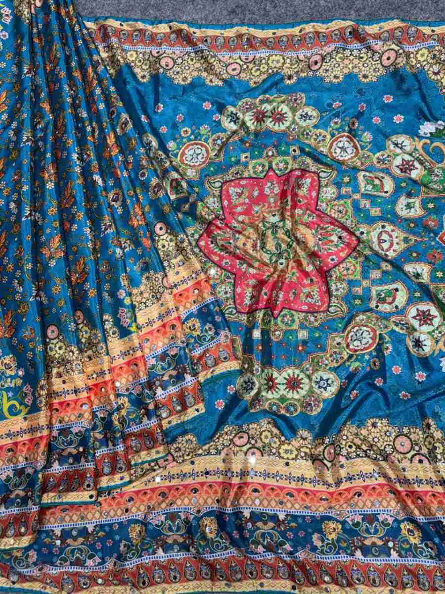 CHINON DIGITAL PRINT WITH MIRROR HANDWORK SAREE WITH UNSTITCHED BLOUSE PARTY WEAR WHOLESALE PRICE ETHNIC GARMENT (7)