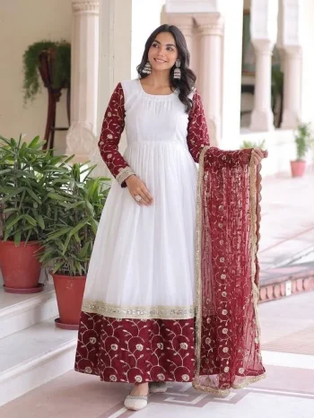 DESIGNER BURBERRY CHIFFON EMBROIDERY SEQUENCE WORK GOWN WITH DUPATTA MAROON AND WHITE