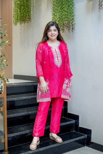 DESIGNER CHINON EMBROIDERY BEADS WORK KURTI KOTI WITH BOTTOM SET RANI