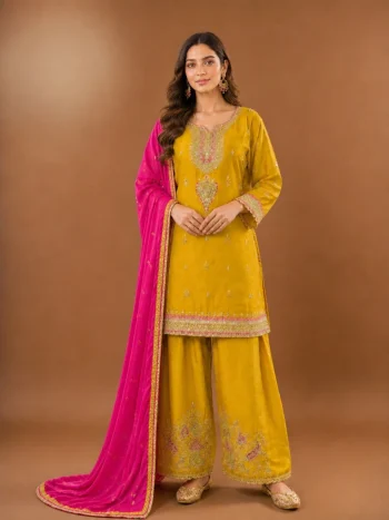 DESIGNER CHINON EMBROIDERY CODING WITH SEQUENCE WORK TOP PATIYALA WITH DUPATTA YELLOW AND PINK