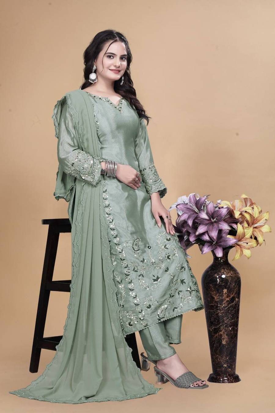 DESIGNER CHINON SILK EMBROIDERY THREAD AND SEQUENCE WORK TOP BOTTOM WITH DUPATTA FESTIVE WEAR WHOLESALE PRICE ETHNIC GARMENT (1)