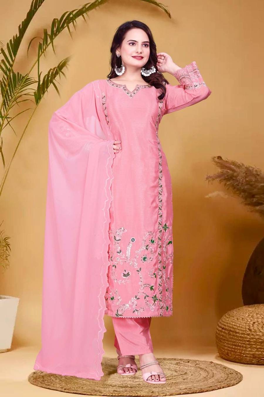 DESIGNER CHINON SILK EMBROIDERY THREAD AND SEQUENCE WORK TOP BOTTOM WITH DUPATTA FESTIVE WEAR WHOLESALE PRICE ETHNIC GARMENT (10)