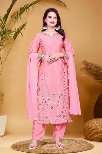 DESIGNER CHINON SILK EMBROIDERY THREAD AND SEQUENCE WORK  TOP BOTTOM WITH DUPATTA BABY PINK