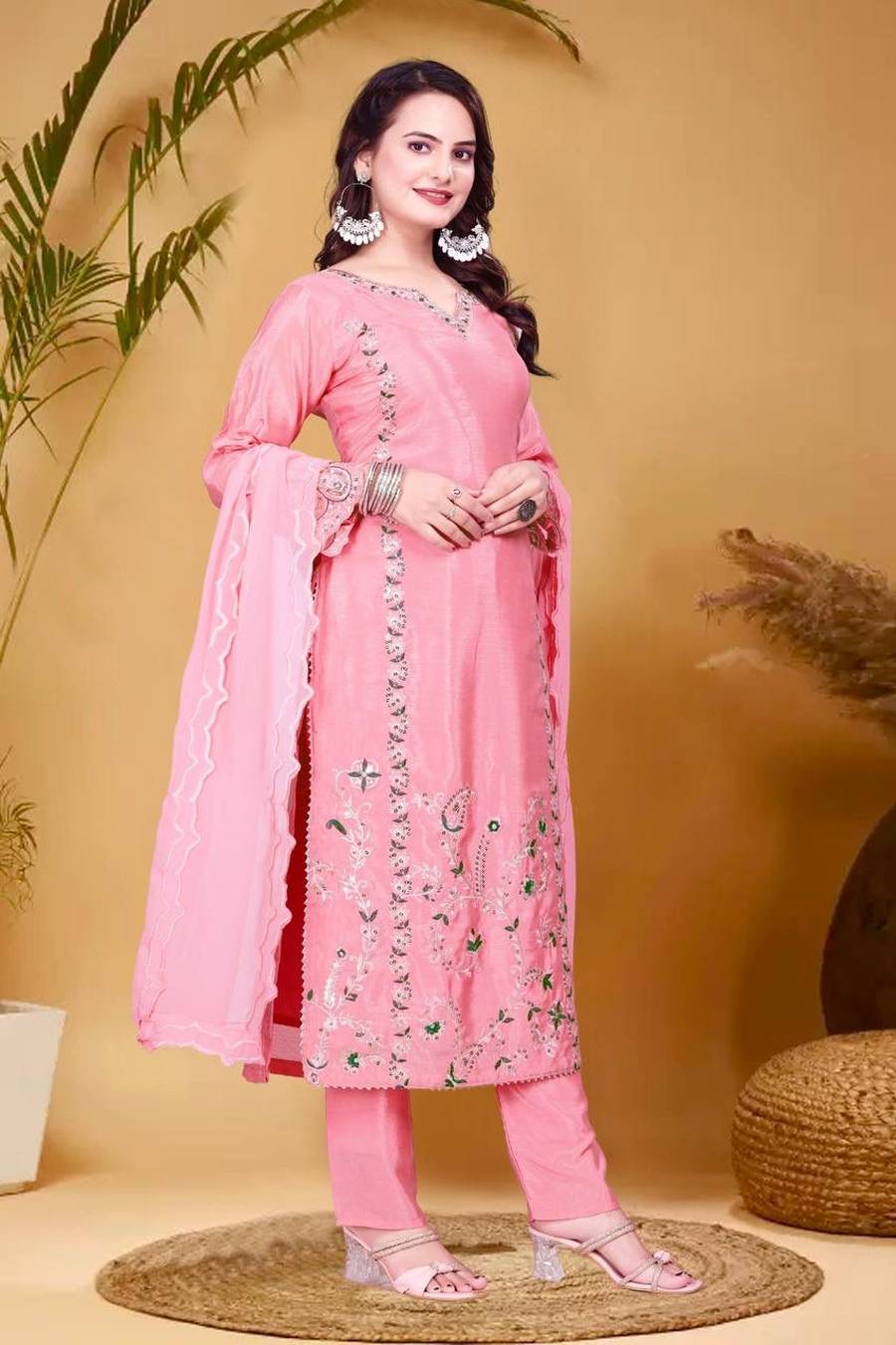 DESIGNER CHINON SILK EMBROIDERY THREAD AND SEQUENCE WORK TOP BOTTOM WITH DUPATTA FESTIVE WEAR WHOLESALE PRICE ETHNIC GARMENT (12)