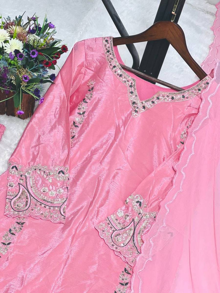 DESIGNER CHINON SILK EMBROIDERY THREAD AND SEQUENCE WORK TOP BOTTOM WITH DUPATTA FESTIVE WEAR WHOLESALE PRICE ETHNIC GARMENT (16)