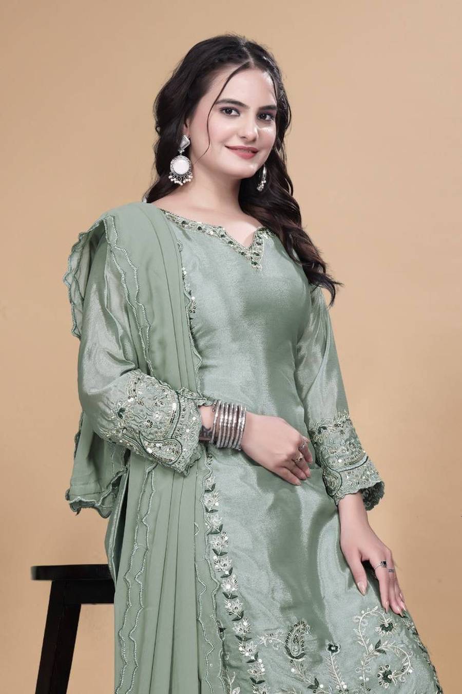DESIGNER CHINON SILK EMBROIDERY THREAD AND SEQUENCE WORK TOP BOTTOM WITH DUPATTA FESTIVE WEAR WHOLESALE PRICE ETHNIC GARMENT (2)