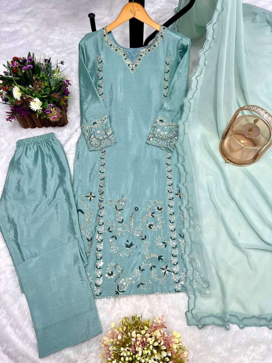 DESIGNER CHINON SILK EMBROIDERY THREAD AND SEQUENCE WORK TOP BOTTOM WITH DUPATTA FESTIVE WEAR WHOLESALE PRICE ETHNIC GARMENT (6)