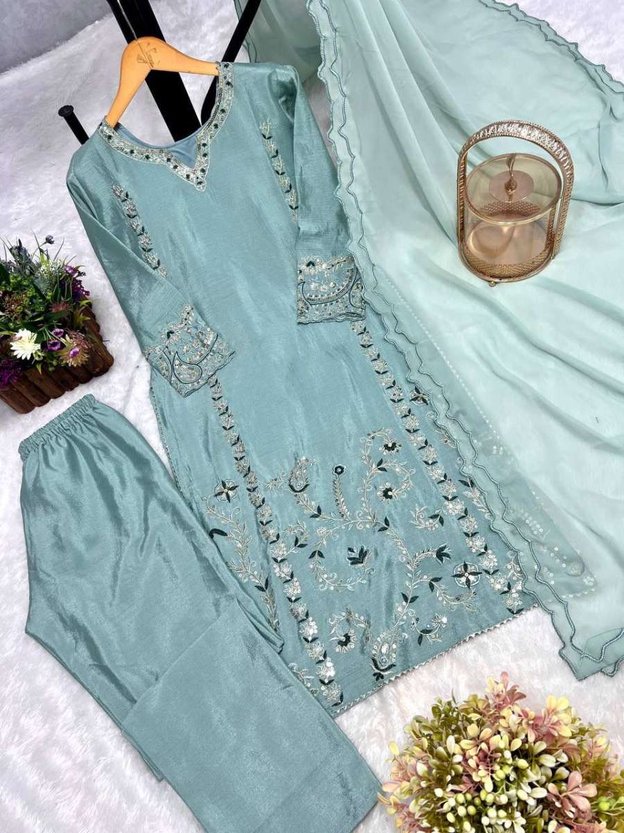 DESIGNER CHINON SILK EMBROIDERY THREAD AND SEQUENCE WORK TOP BOTTOM WITH DUPATTA FESTIVE WEAR WHOLESALE PRICE ETHNIC GARMENT (8)