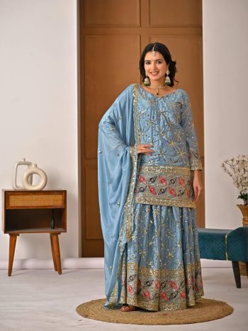 DESIGNER CHINON SILK SEQUENCE EMBROIDERY WORK TOP PALAZZO WITH DUPATTA RAMA