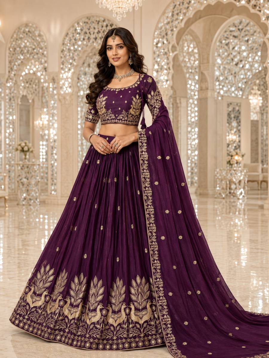 DESIGNER CHINON SILK THREAD EMBROIDERY WORK LEHENGA CHOLI WITH DUPATTA WEDDING WEAR WHOLESALE PRICE ETHNIC GARMENT (2)
