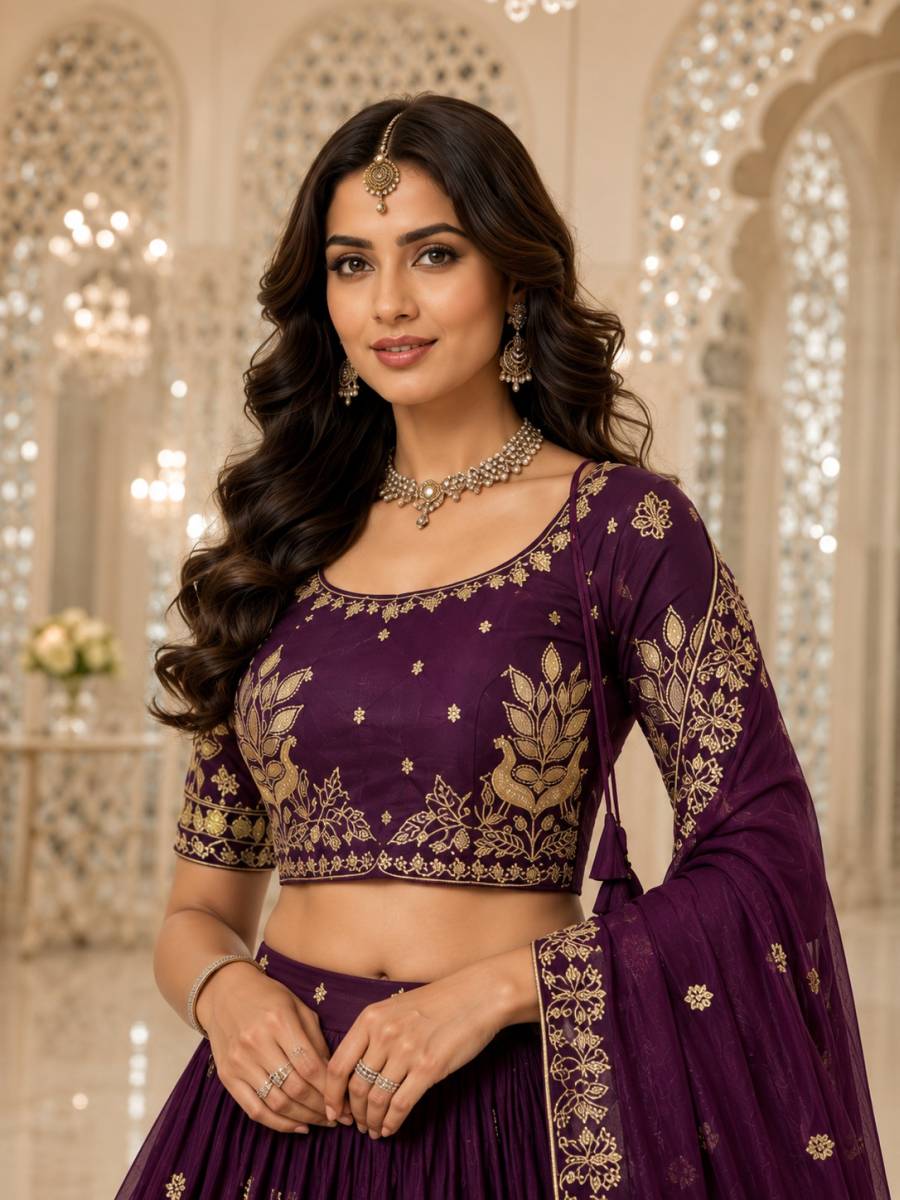 DESIGNER CHINON SILK THREAD EMBROIDERY WORK LEHENGA CHOLI WITH DUPATTA WEDDING WEAR WHOLESALE PRICE ETHNIC GARMENT (5)