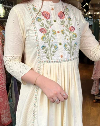 DESIGNER COTTON DOBBY SCHIFLI WORK TOP BOTTOM WITH DUPATTA OFF WHITE