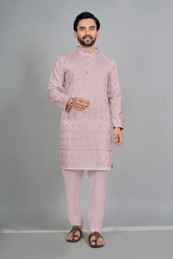DESIGNER COTTON SILK EMBROIDERY  WORK MEN'S KURTA BABY PINK