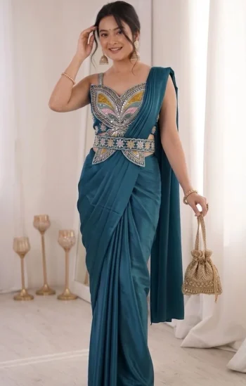 DESIGNER CREPE EMBROIDERY WORK READY TO WEAR SAREE WITH STITCHED BLOUSE TEAL