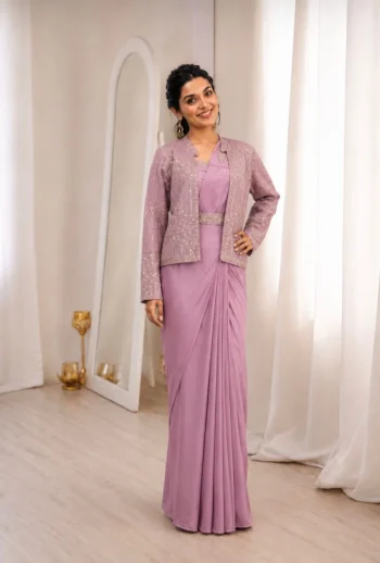 DESIGNER CREPE SILK EMBROIDERY SEQUENCE LACE WORK READY TO WEAR SAREE WITH BLOUSE AND KOTI LAVENDER