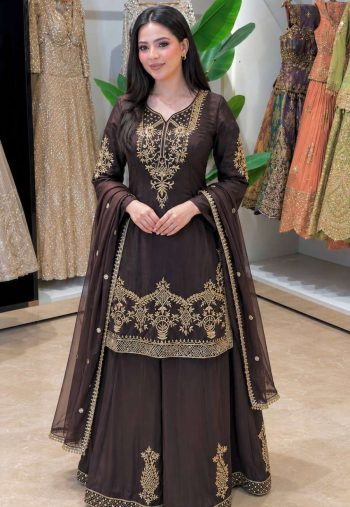 DESIGNER CREPE SILK EMBROIDERY SEQUENCE WORK TOP PALAZZO WITH DUPATTA BROWN
