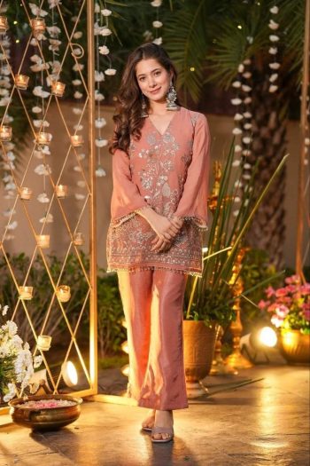DESIGNER CRUNCHY SILK EMBROIDERY BEADS  AND MATKA LACE WORK CO-ORD SET PEACH