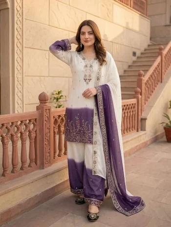 DESIGNER DUAL TONE STAR GEORGETTE EMBROIDERY   SEQUENCE WORK TOP PALAZZO WITH DUPATTA PURPLE AND WHITE