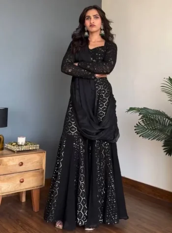 DESIGNER FAUX GEORGETTE THREAD WITH SEQUENCE WORK CHOLI SHARARA WITH DUPATTA BLACK