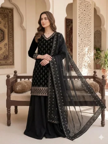 DESIGNER FENDY BEADS WITH SEQUENCE EMBROIDERY & CUT WORK TOP PALAZZO WITH DUPATTA BLACK