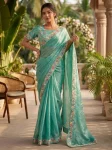 DESIGNER FENDY CHIFFON BEADS EMBROIDERY WORK LACE BORDER  WORK SAREE WITH UNSTITCHED BLOUSE RAMA