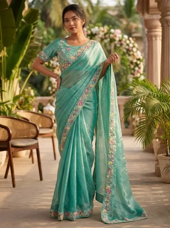 DESIGNER FENDY CHIFFON BEADS EMBROIDERY WORK LACE BORDER WORK SAREE WITH UNSTITCHED BLOUSE RAMA