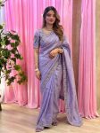 DESIGNER FENDY SATIN SILK 3BEADS, SEQUNCE & CUTDANA EMBROIDERY WORK LACE BORDER WORK SAREE WITH STITCHED BLOUSE LAVENDER