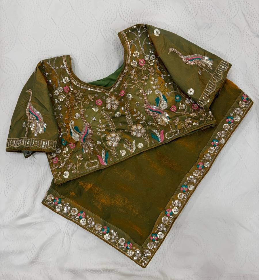 DESIGNER FENDY SATIN SILK 3BEADS, SEQUNCE & CUTDANA EMBROIDERY WORK LACE BORDER WORK SAREE WITH STITCHED BLOUSE WEDDING WEAR WHOLESALE PRICE ETHNIC GARMENT (19)