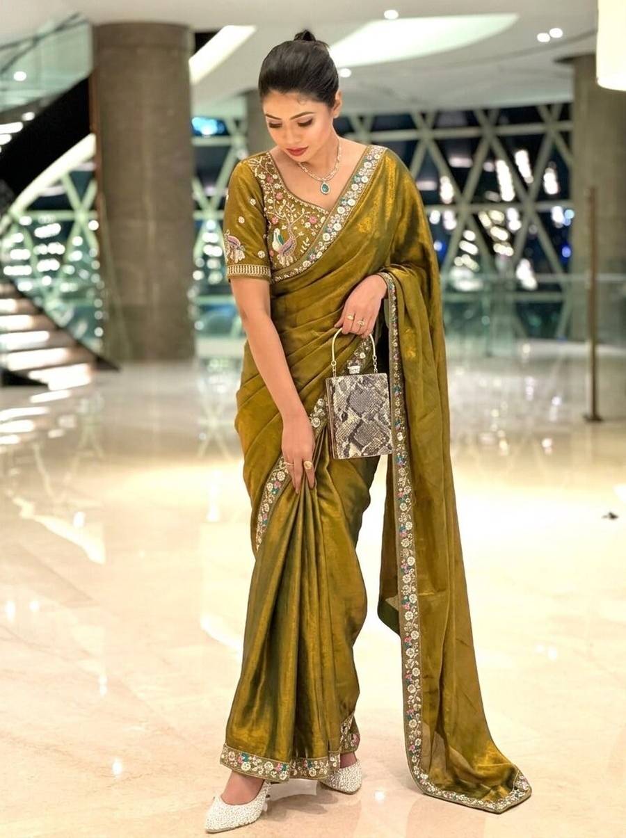 DESIGNER FENDY SATIN SILK 3BEADS, SEQUNCE & CUTDANA EMBROIDERY WORK LACE BORDER WORK SAREE WITH STITCHED BLOUSE WEDDING WEAR WHOLESALE PRICE ETHNIC GARMENT (4)