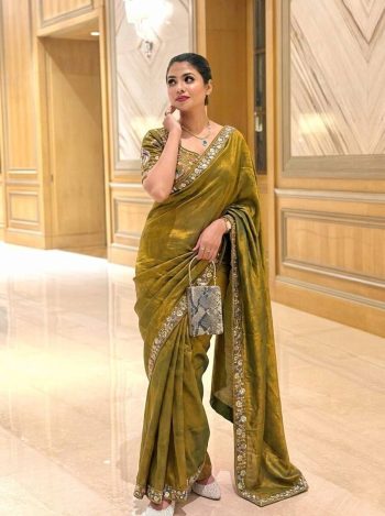 DESIGNER FENDY SATIN SILK 3BEADS, SEQUNCE & CUTDANA EMBROIDERY WORK LACE BORDER WORK SAREE WITH STITCHED BLOUSE MEHNDI