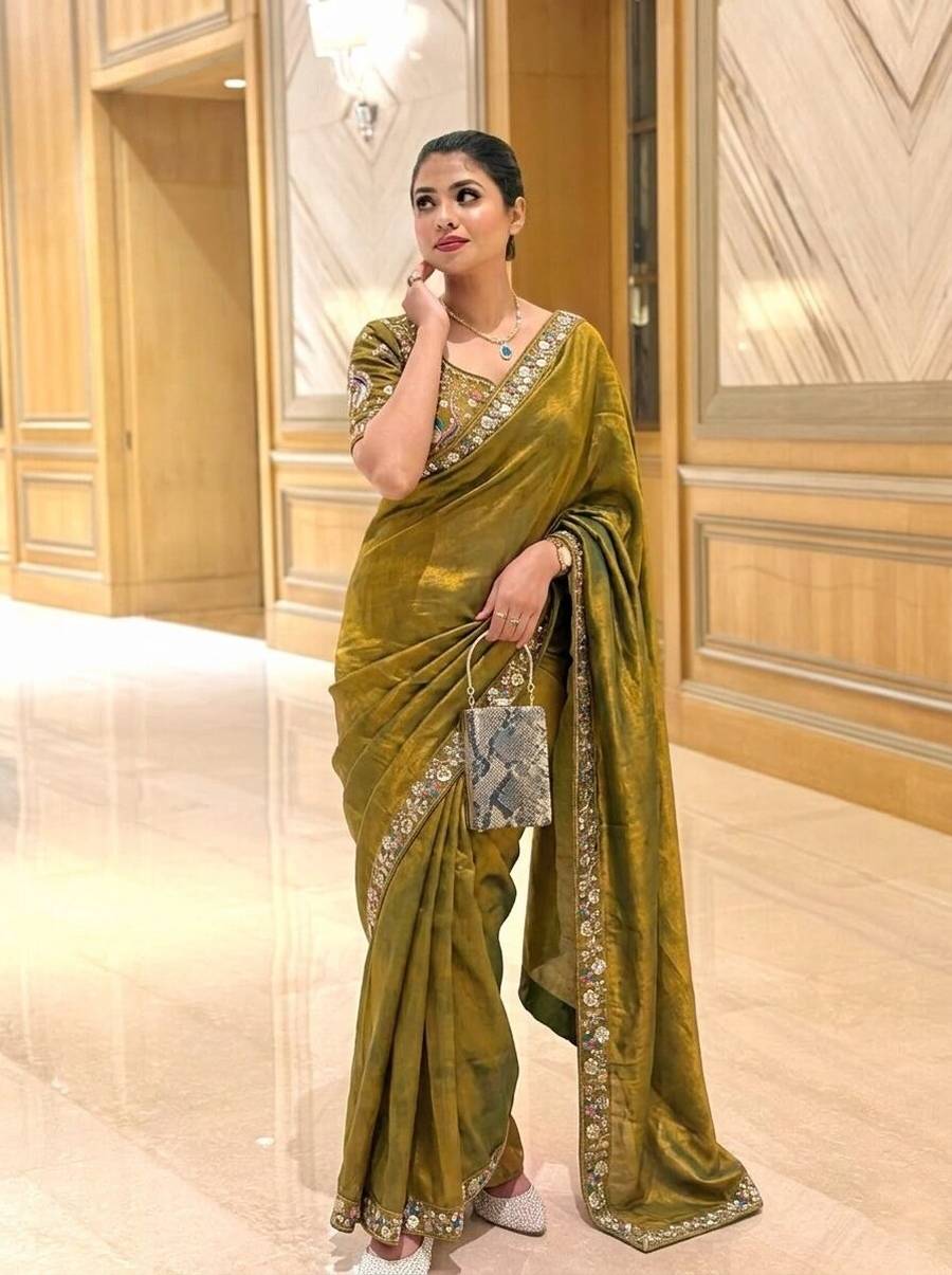 DESIGNER FENDY SATIN SILK 3BEADS, SEQUNCE & CUTDANA EMBROIDERY WORK LACE BORDER WORK SAREE WITH STITCHED BLOUSE WEDDING WEAR WHOLESALE PRICE ETHNIC GARMENT (5)