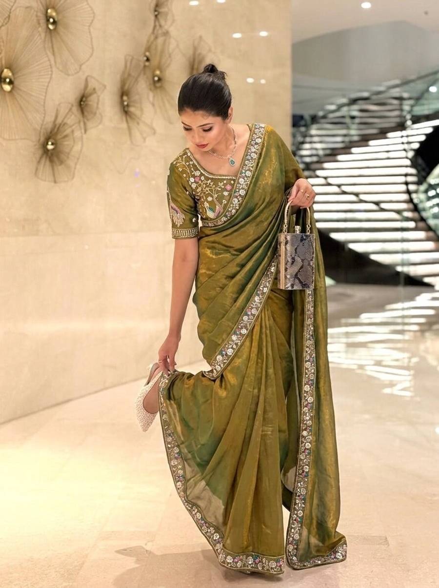 DESIGNER FENDY SATIN SILK 3BEADS, SEQUNCE & CUTDANA EMBROIDERY WORK LACE BORDER WORK SAREE WITH STITCHED BLOUSE WEDDING WEAR WHOLESALE PRICE ETHNIC GARMENT (9)