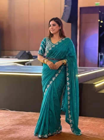 DESIGNER FENDY SATIN SILK BEADS & SEQUENCE EMBROIDERY WORK LACE BORDER SAREE WITH STITCHED BLOUSE RAMA