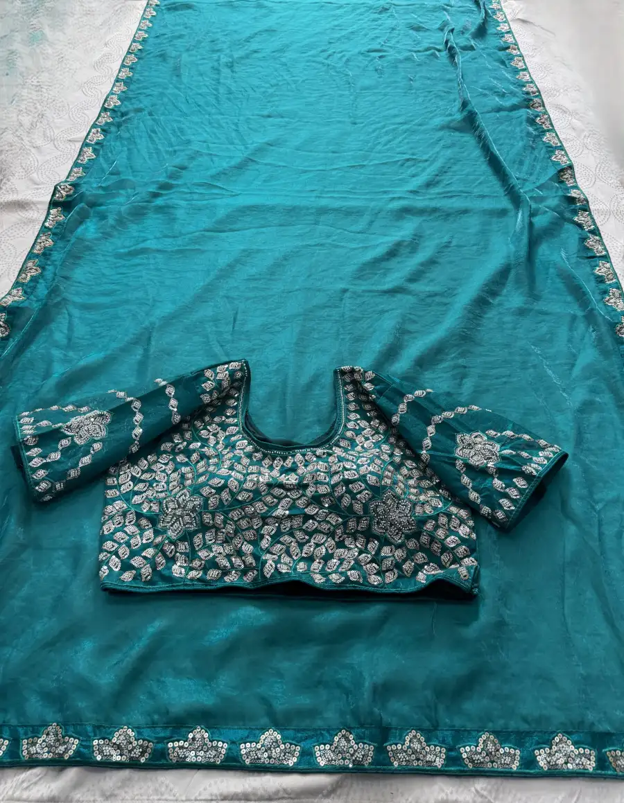 DESIGNER FENDY SATIN SILK BEADS & SEQUENCE EMBROIDERY WORK LACE BORDER SAREE WITH STITCHED BLOUSE WEDDING WEAR WHOLESALE PRICE ETHNIC GARMENT (35)