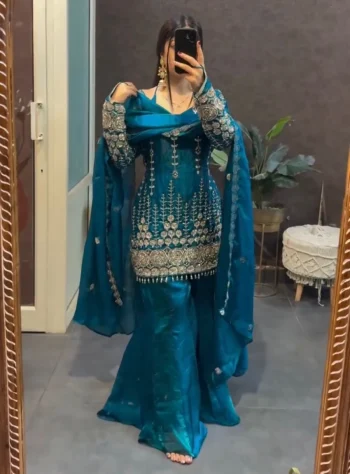 DESIGNER FENDY SATIN SILK EMBROIDERY 5 MM SEQUENCE WORK TOP PALAZZO WITH DUPATTA BLUE