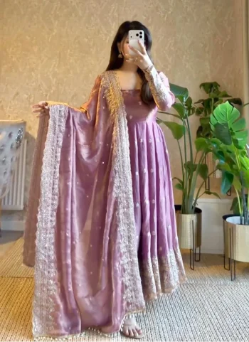 DESIGNER FENDY SATIN SILK EMBROIDERY CODING AND SEQUENCE WORK GOWN BOTTOM WITH DUPATTA ONION