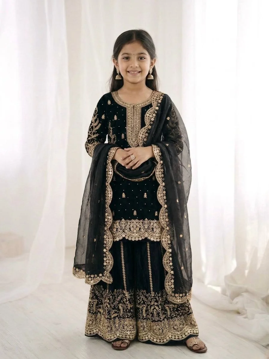 DESIGNER FENDY SILK EMBROIDERY CODING AND SEQUENCE WORK KID'S TOP PALAZZO WITH DUPATTA WHOLESALE PRICE ETHNIC GARMENT (24)