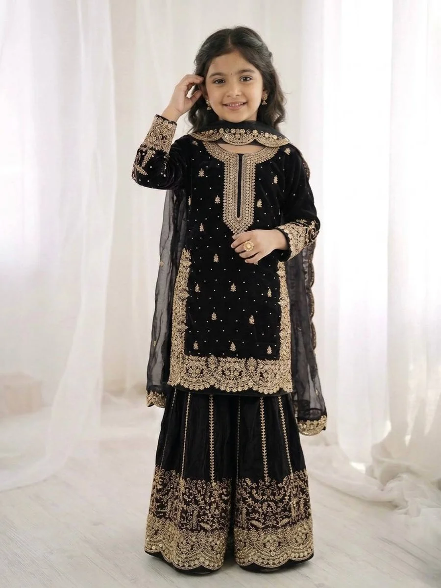 DESIGNER FENDY SILK EMBROIDERY CODING AND SEQUENCE WORK KID'S TOP PALAZZO WITH DUPATTA WHOLESALE PRICE ETHNIC GARMENT (26)