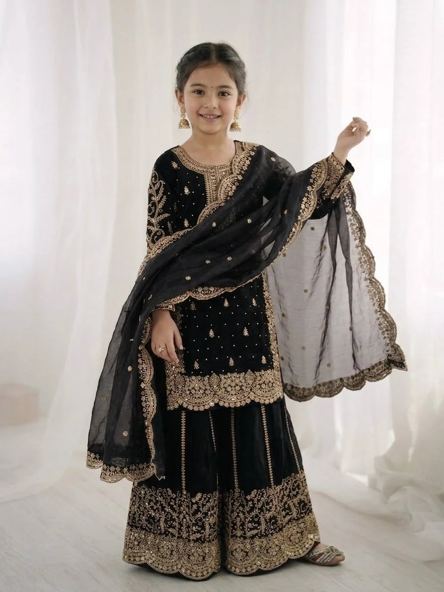 DESIGNER FENDY SILK EMBROIDERY CODING AND SEQUENCE WORK KID'S TOP PALAZZO WITH DUPATTA WHOLESALE PRICE ETHNIC GARMENT (29)