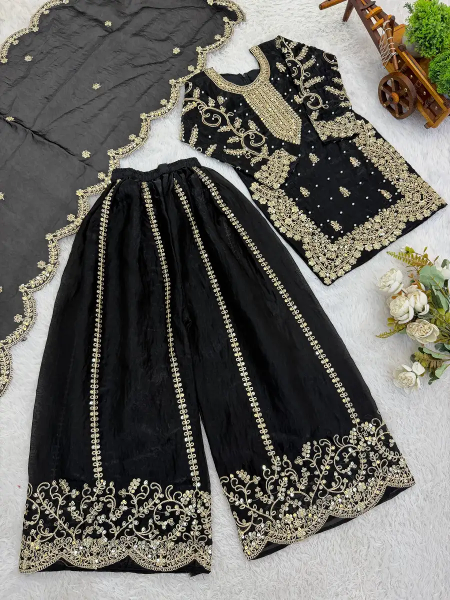 DESIGNER FENDY SILK EMBROIDERY CODING AND SEQUENCE WORK KID'S TOP PALAZZO WITH DUPATTA WHOLESALE PRICE ETHNIC GARMENT (30)