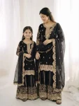 DESIGNER FENDY SILK EMBROIDERY CODING AND SEQUENCE WORK MOTHER DAUGHTER SET BLACK