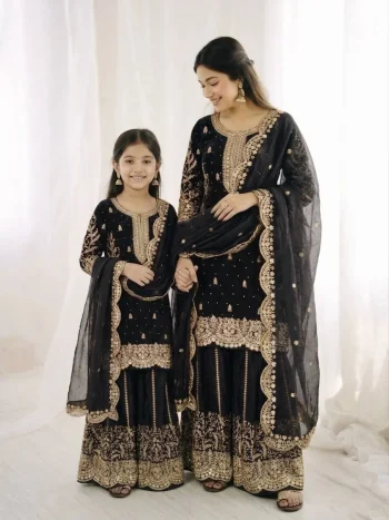 DESIGNER FENDY SILK EMBROIDERY CODING AND SEQUENCE WORK MOTHER DAUGHTER SET BLACK