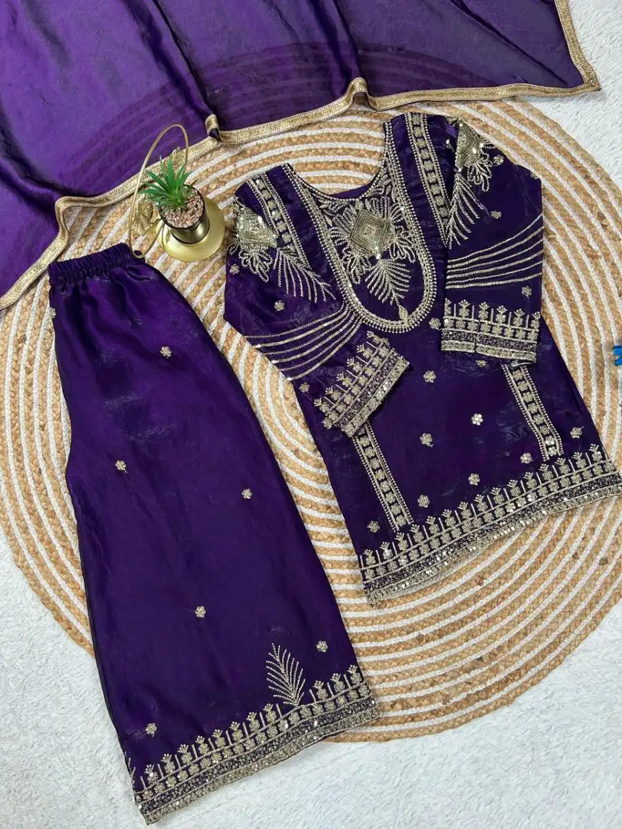 DESIGNER FENDY SILK EMBROIDERY SEQUENCE WORK KID'S TOP PALAZZO WITH DUPATTA FESTIVE WEAR WHOLESALE PRICE ETHNIC GARMENT (15)