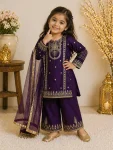 DESIGNER FENDY SILK EMBROIDERY SEQUENCE WORK KID'S TOP PALAZZO WITH DUPATTA PURPLE