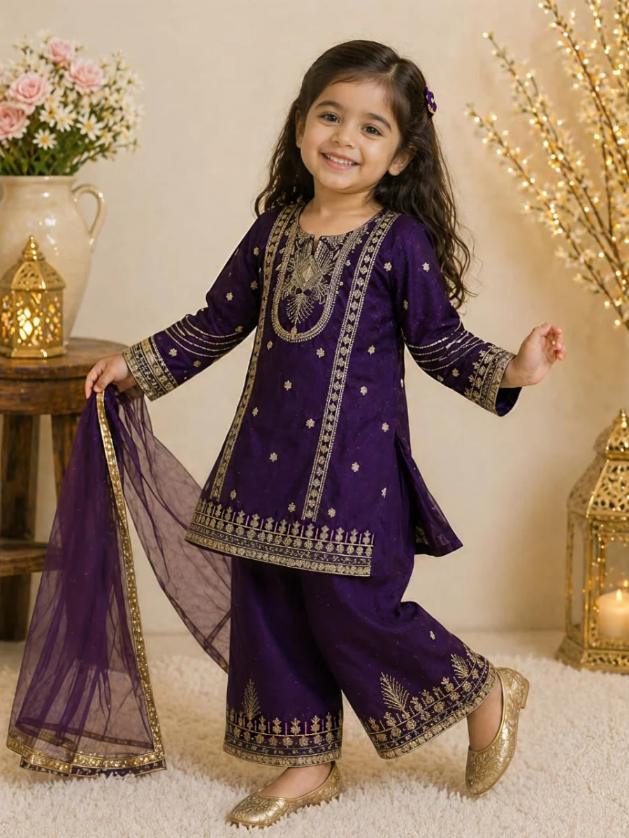 DESIGNER FENDY SILK EMBROIDERY SEQUENCE WORK KID'S TOP PALAZZO WITH DUPATTA FESTIVE WEAR WHOLESALE PRICE ETHNIC GARMENT (3)
