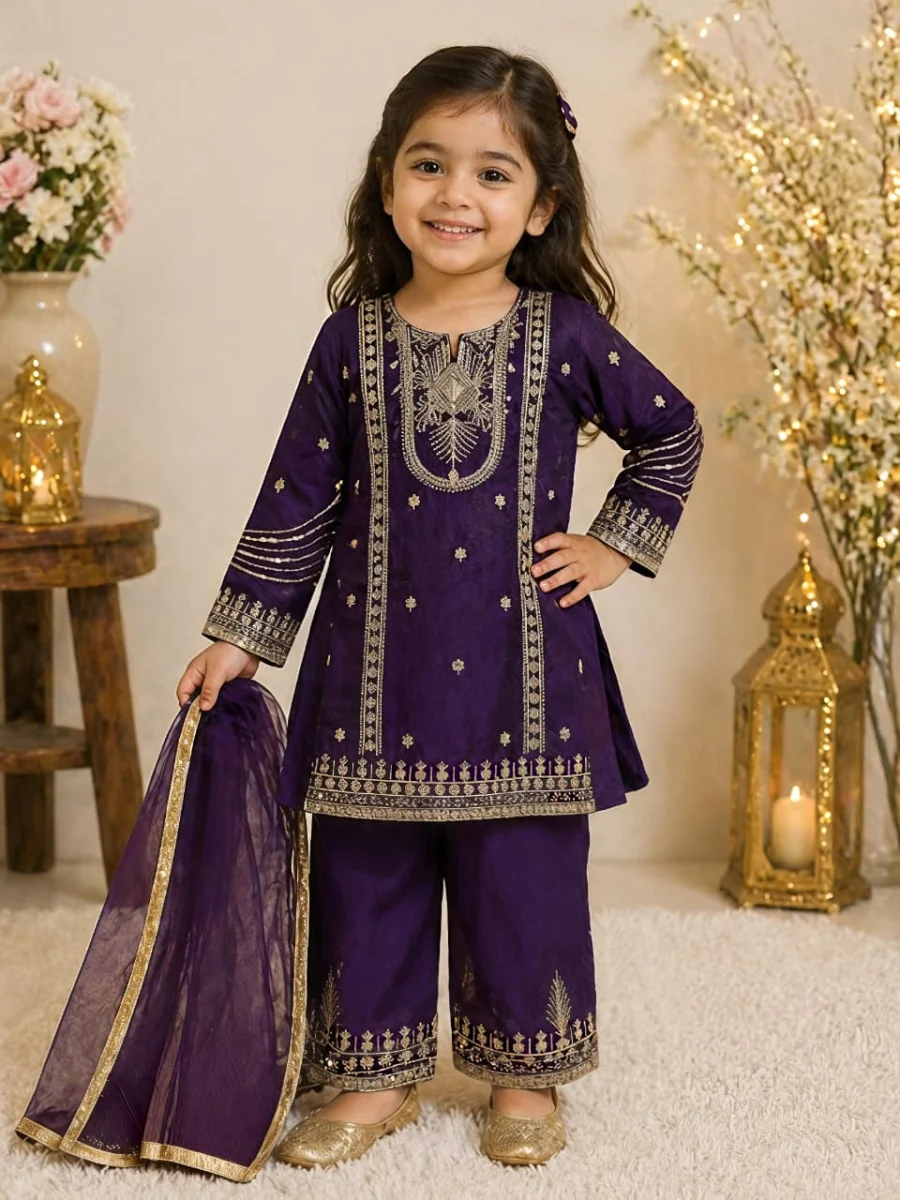 DESIGNER FENDY SILK EMBROIDERY SEQUENCE WORK KID'S TOP PALAZZO WITH DUPATTA FESTIVE WEAR WHOLESALE PRICE ETHNIC GARMENT (4)