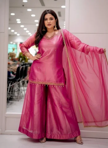 DESIGNER FENDY SILK SEQUENCE & ZARI  EMBROIDERY  WORK TOP PALAZZO WITH DUPATTA PINK