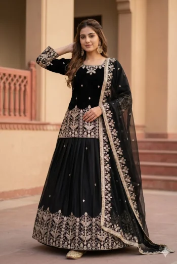 DESIGNER FRENCH SILK EMBROIDERY SEQUENCE WITH REAL MIRROR HAND WORK TOP LEHENGA WITH DUPATTA BLACK
