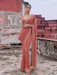 DESIGNER GEORGETTE CUTDANA AND REAL MIRROR WORK SAREE WITH UNSTITCHED BLOUSE ORANGE